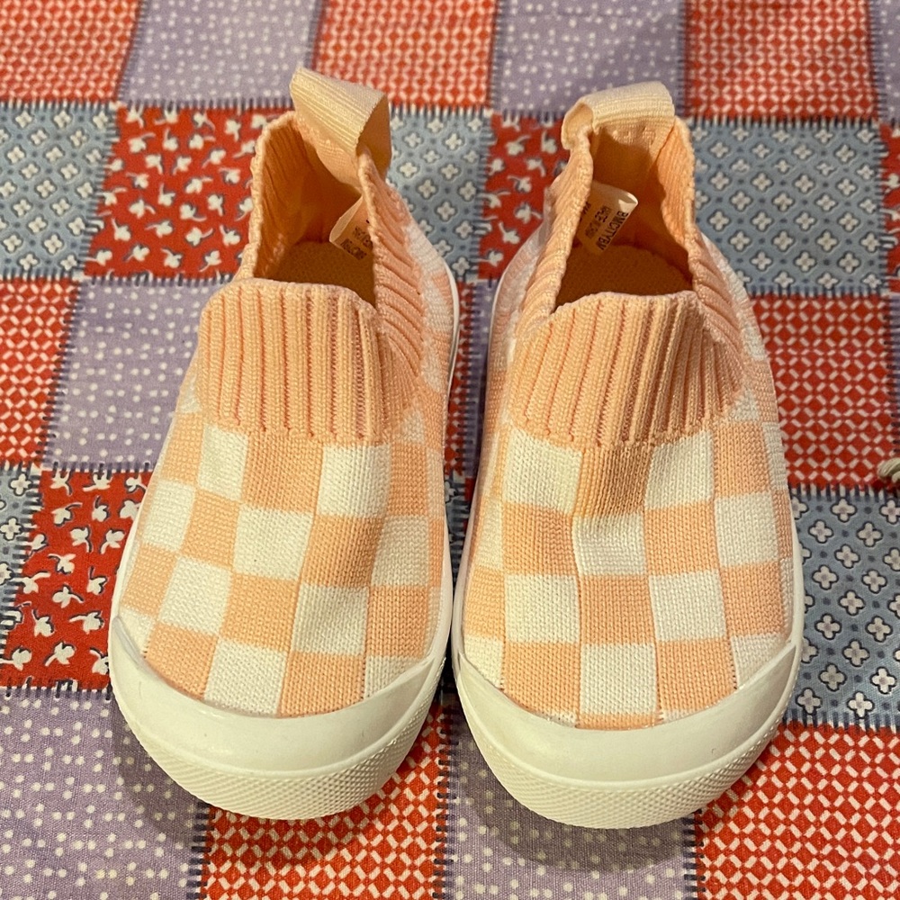 Baby Peach and White Checkered Slip-On Sneakers
